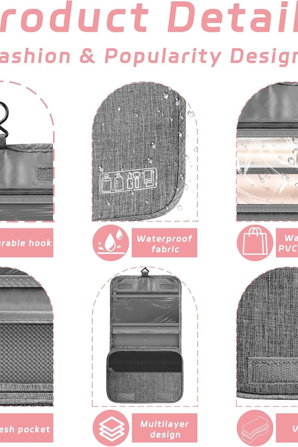 Waterproof avel iletry Bag with Hook - Grey 3 Waterproof Avel Iletry Bag With Hook - Grey - Image 3