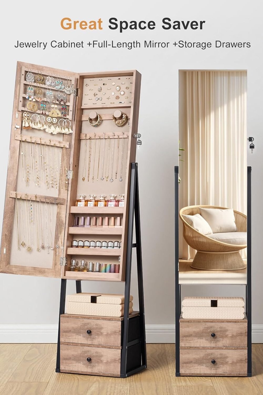 Lockable Jewelry Cabet With Full Length Mirror - Oak - Image 5