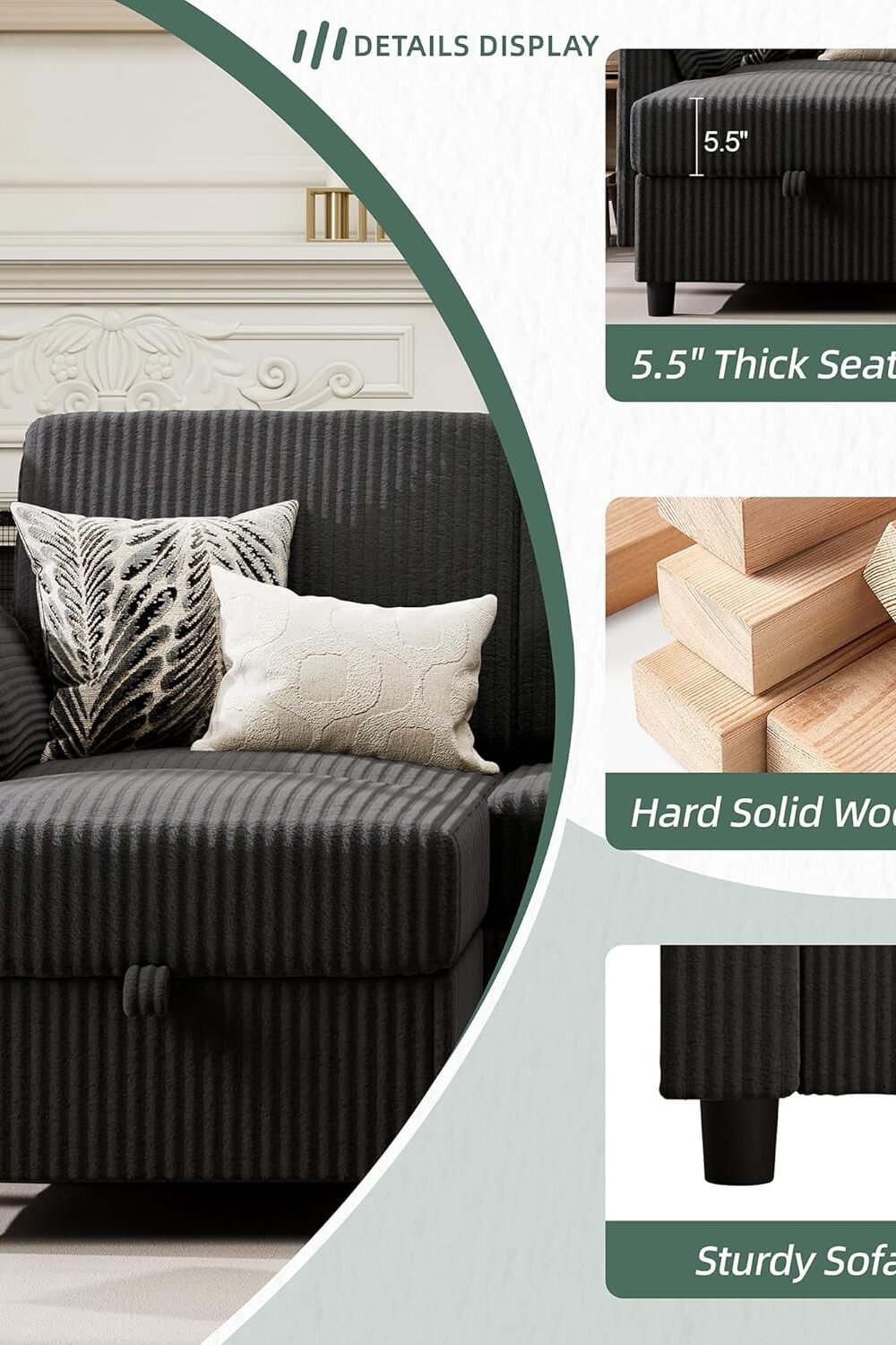 Convertible L-Shaped Sectional Sofa With Srage - Black - Image 3