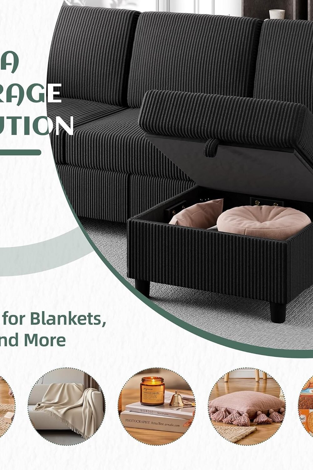 Convertible L-Shaped Sectional Sofa With Srage - Black - Image 4