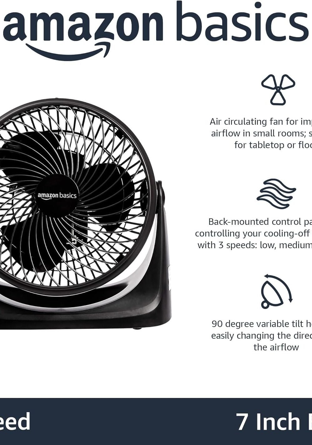 Mazon Basics Circular Desk Fan - Djustable Tilt, Speeds, Bla - Image 3