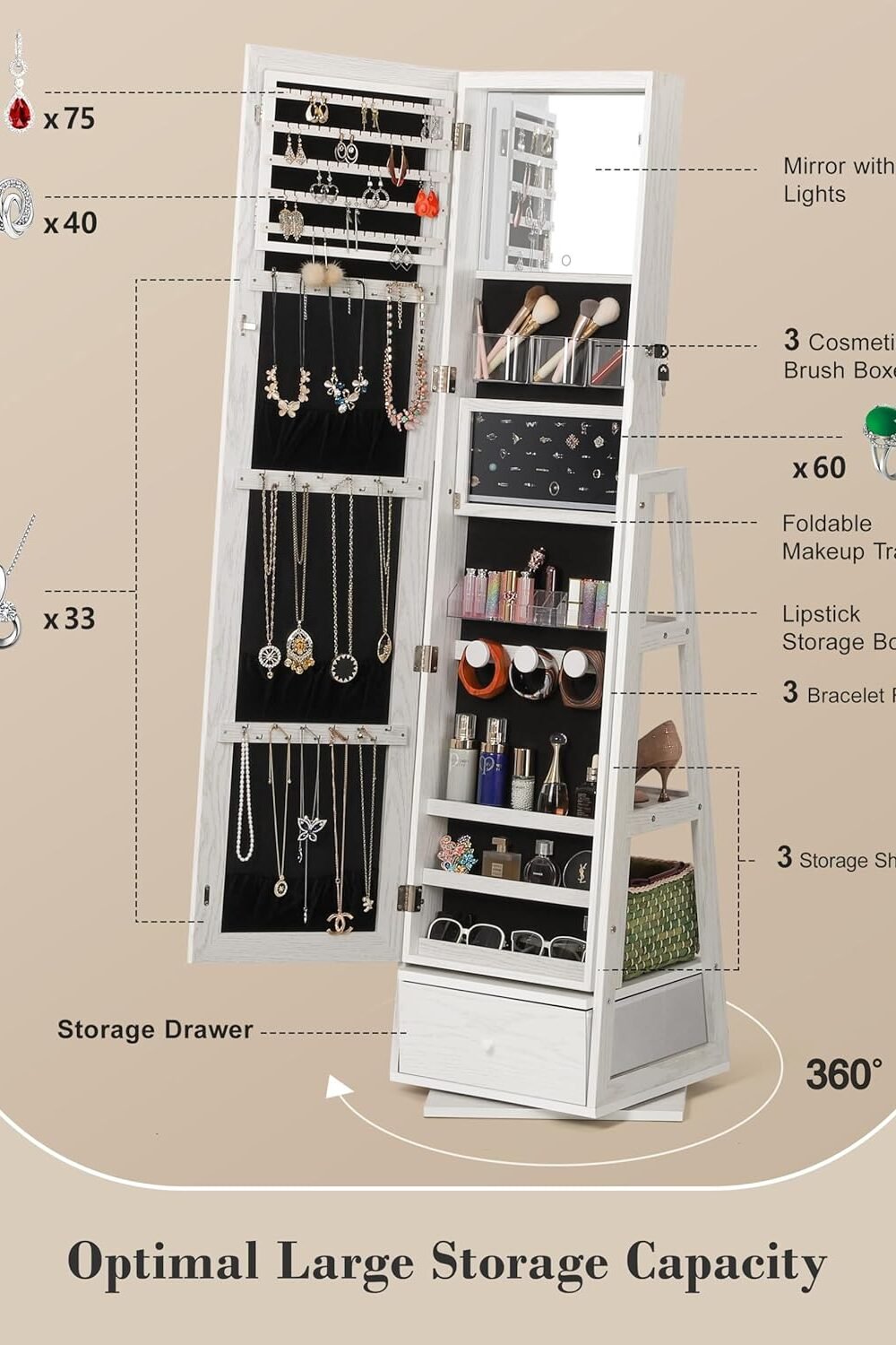 Nicetree Swivel Jewelry Cabet With Led Mirror - Image 3