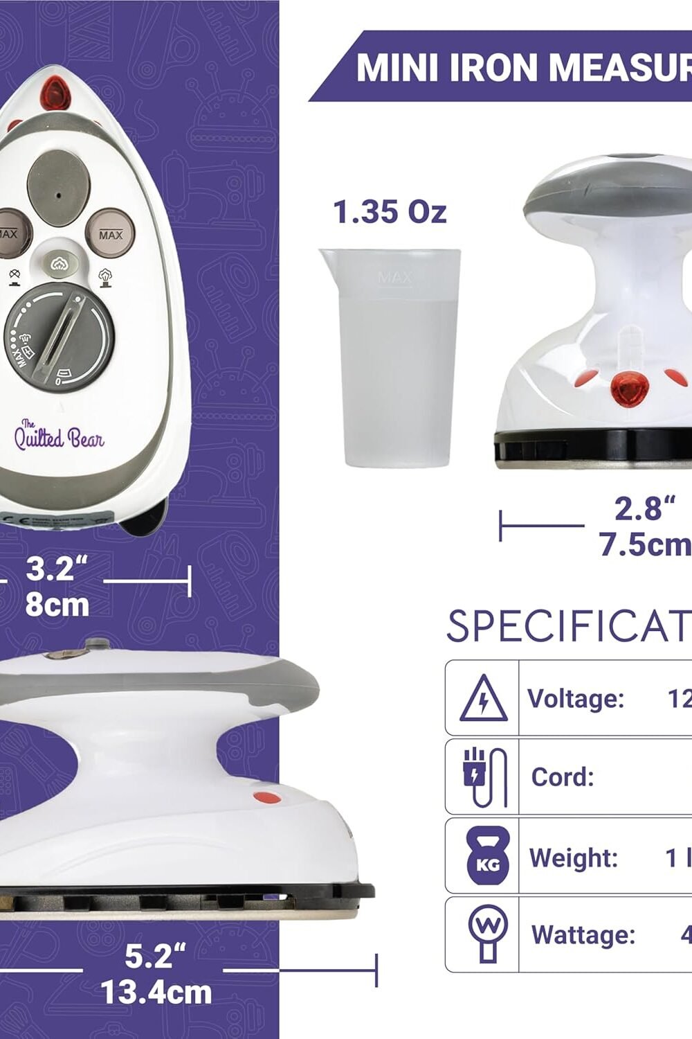 Quilted Bear Mini Steam Iron - Lightweight Travel Iron Black - Image 3