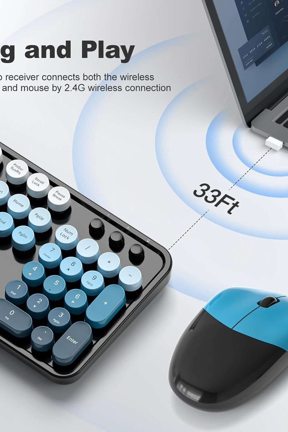 Mofii Retro Wireless Keyboard &Amp; Mouse Combo - Black Blue Gradient - Image 3