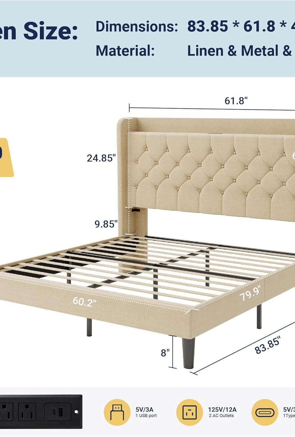 Queen Size Bed Frame With Usb Chargg Station - Image 2
