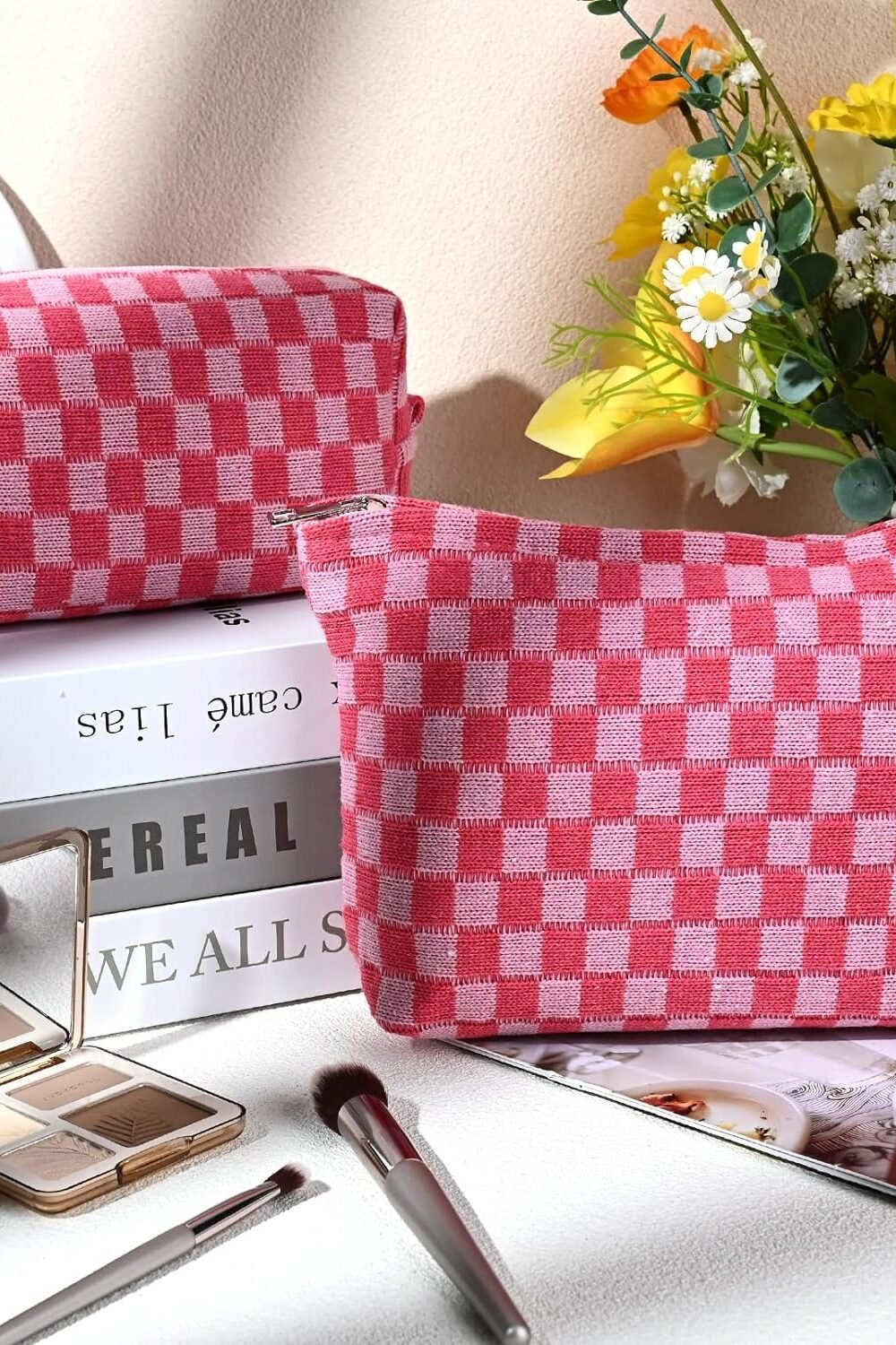 Large Checkered Makeup Bag - Rose Red Organizer - Image 2