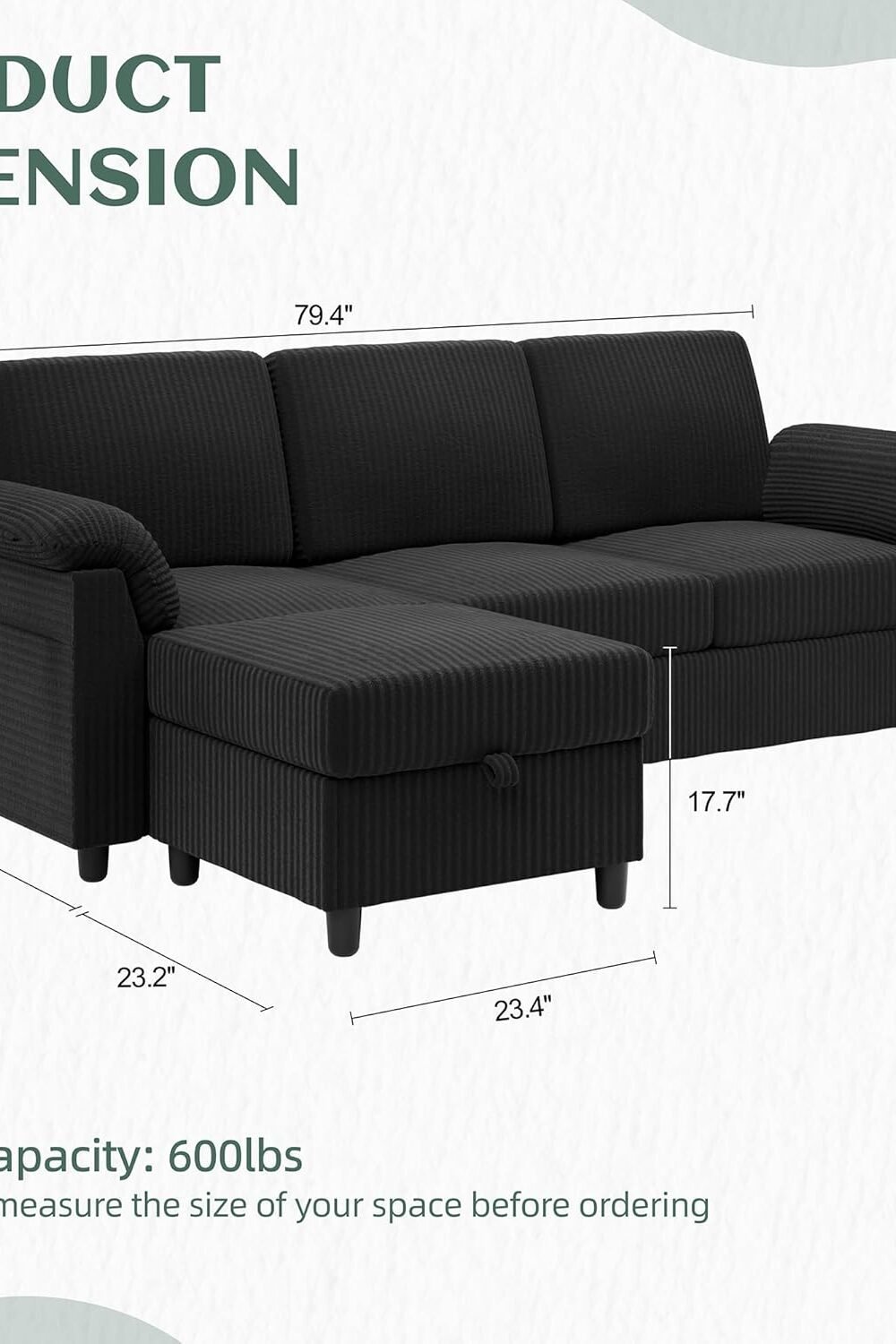 Convertible L-Shaped Sectional Sofa With Srage - Black - Image 2