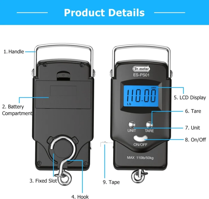 Digital Fish Scale with Backlit LCD Display - Pocket Size 6 Fish Scale Luggage Scale Fishing Gear